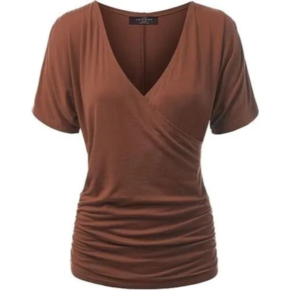 Made By Johnny Brown Wrap V-Neck Top Ruched Sides Dolman Sleeves Size Medium - Picture 3 of 11